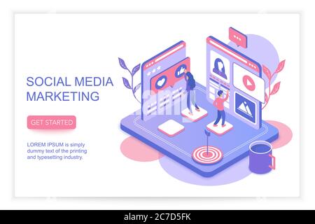 Social Media Marketing Infografiken Konzept mit Menschen 3d isometrische Landing Website Seite Vorlage Vektor Illustration Stock Vektor