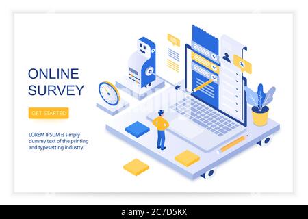 Online-Umfrage, Checkliste der Fragen, Fragebogen, Social-Management-Konzept 3d isometrische Landing Website-Seite Vorlage Vektor Illustration Stock Vektor