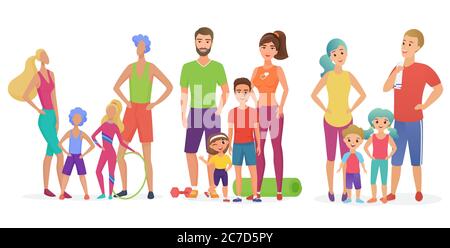 Drei Vektor-Illustrationen Stile von glücklich fit Familien während des Trainings in Fitness-Vektor-Illustration Stock Vektor