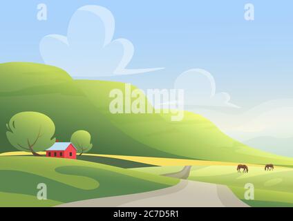 Rote Hütte und Weidepferde an den Seiten der Landstraße gegen grüne Hügel und wolkig blauen Himmel. Cartoon Landschaft Vektor Illustration Stock Vektor