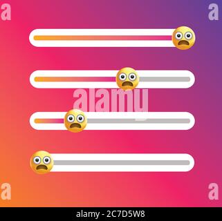 Insta Emoji-Schieberegler. Gelbes Gesicht Symbol.schockiert Emoticon.überrascht emoji.Emoticon Ebene Schieberegler.Feedback Umfrage.Vektor-Feedback Umfrage Vorlage. Stock Vektor