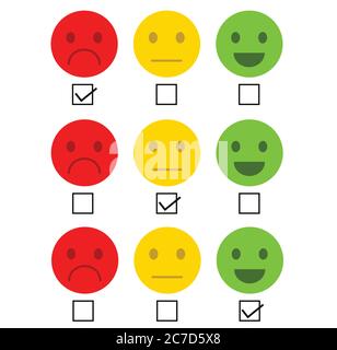 Emoticon Feedback Rating.Ranking, Umfrage Skala, Meter, user review, vote und Rating.emotions Kontrollkästchen Hintergrund und Banner. Stock Vektor