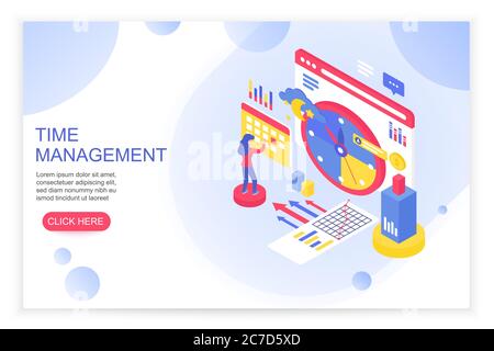 Zeitmanagement, Arbeitszeitorganisation und Planungskonzept mit Menschen 3d isometrische Landing Website-Seite Vorlage Vektor Illustration Stock Vektor