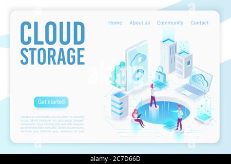 Cloud Storage Soft Light isometrischen Vektor Landing Page Vorlage. Datensicherung, Web-Hosting Website-Design. Neon-Light-Server, Datenbank, Cloud Computing Services 3d-Konzept. Daten werden hochgeladen Stock Vektor