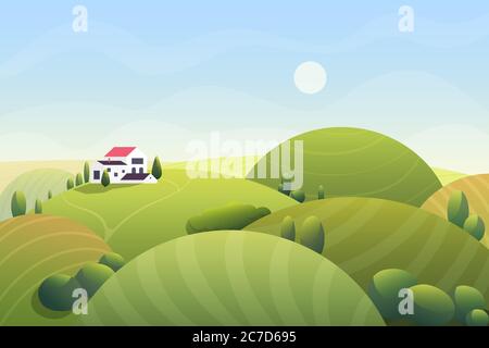 Cute Cartoon Fantasie Sommer sonnigen Tag mit kurvigen abgerundeten Hügeln und beatuful ländlichen kleinen Haus, Bäume, Sträucher Vektor-Illustration Stock Vektor