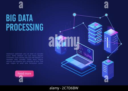 Big Data Verarbeitung und Analyse Landing Page Vektor Vorlage. Analyse-Datenserver, Server-Room-Banner, Web-Hosting-Konzept, Ultraviolett isometrische Vektor-Illustration Stock Vektor