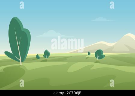 Schöne Sommerfelder Landschaft mit grünen Hügeln und Bergen. Land Hintergrund Cartoon flachen Stil Banner Vektor Illustration Stock Vektor