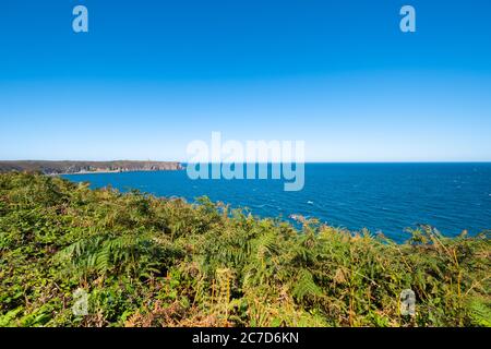 Fahrt auf dem GR34 in der Bretagne mit weit entfernten Kap Frehel und seinem Leuchtturm Stockfoto