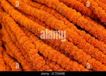 Nahaufnahme von Blumenschmuck für ein Festival in Bodhgaya, Indien. Stockfoto