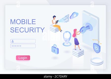 Isometrische Vorlage für die Landing Page für mobile Sicherheit und Datenschutz. Verschlüsselung persönlicher Daten und Cybersecurity 3d-Konzept. Online-Sicherheit und Internet-Sicherheit. Smartphone-Passwort, Benutzerauthentifizierung Stock Vektor