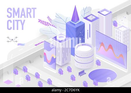 Isometrische Vektordarstellung „Smart City“. Technologiegeräte mit automatisierten Steuerungssystemen. Moderne 3d-Wolkenkratzer, Smartphone, Kartenbildschirm. Zukunftsweisende nachhaltige Metropole mit digitalen Technologien Stock Vektor