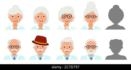 Avatar-Profil isoliert einstellen. Ikonen der glücklichen Großeltern. Silhouette eines menschlichen Kopfes. Großmutter, Großvater, ältere Menschen. Vektorgrafik. Stock Vektor