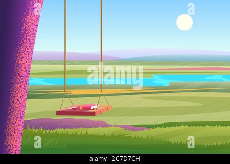 Entspannender Sommer sonniger Tag helle Ansicht der stilisierten Cartoon-Landschaft. Buch auf der Holzschaukel mit Blick auf den Fluss. Vektorgrafik Stock Vektor
