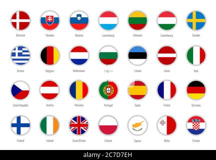 Set von Vektorflaggen der Europäischen Union. Big Collection Symbole Flaggen. Isoliert auf Weiß. Kreis mit der Flagge des EU-Landes. Stock Vektor