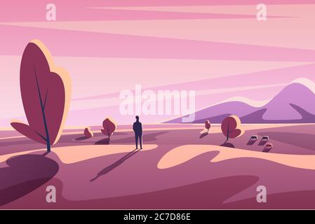 Allein junger Mann, der auf Sonnenuntergangslandschaft mit Bergen, Bäumen, Tieren schaut. Fantasy minimalistischen Cartoon flache Vektor-Illustration Stock Vektor