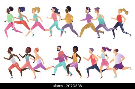 Gruppe von isolierten glücklich lächelnd gesund starke junge fit multiethnischen Laufmänner und Frauen in stilvollen Sportkleidung. Vektor-Illustration für aktive Lifestyle-Werbung Stock Vektor