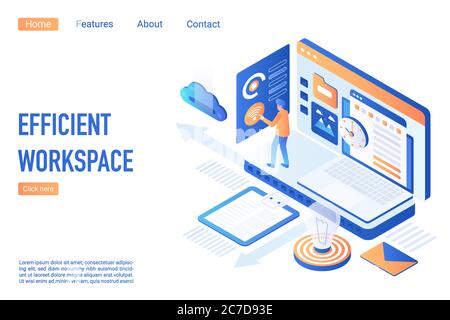 Effiziente Landing Page isometrischer Vektor-Vorlage für den Arbeitsbereich. Workflow-Optimierung 3d-Konzept. Teambildung und Management. Geschäftsprozess Effizienz, Arbeitsaktivität Website Homepage Layout Stock Vektor