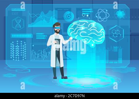 Menschliches Gehirn futuristisches medizinisches Hologramm mit Doktor Wissenschaftler Zeichenvektor Illustration. Gehirnmodell Screening ar Schnittstelle. Diagramme, Infografiken für Kreisdiagramme. Symbole für Medizin und Gesundheitswesen Stock Vektor