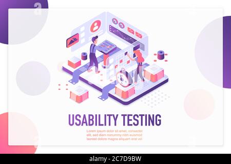 Usability Testing isometrische Landing Page Vektor-Vorlage. Website-Optimierung und Anpassung Dienstleistungen Webseite Design Layout. Benutzererfahrung, Benutzeroberfläche, UX. App, Software-Entwicklung 3d-Konzept Stock Vektor