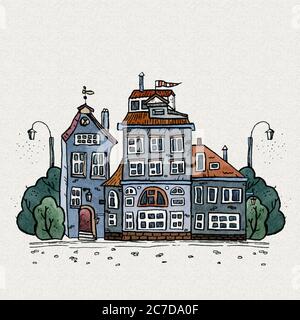 Stadtbild Altstadt handgezeichnete Aquarell-Illustration. Altstadtlandschaft mit Turm, Häusern, Bäumen. Farbskizze grungen Stockfoto