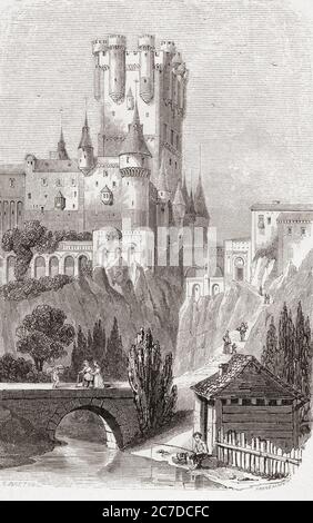 Der Alcázar von Segovia, Segovia, Kastilien und León, Spanien, hier um 1838 gesehen, bevor ein Brand die meisten Dächer beschädigte. Aus Monuments de Tous les Peuples, veröffentlicht 1843. Stockfoto