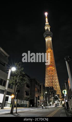 Ein Blick auf Tokyo Skytree, beleuchtet in hellorange, von einer leeren Seitenstraße in der Nähe seiner Basis Stockfoto