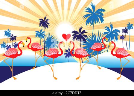 Tropischer Vektor Hintergrund mit roten Flamingos und Palmen. Design für die Werbung für exotische Ferien in den Tropen. Stock Vektor