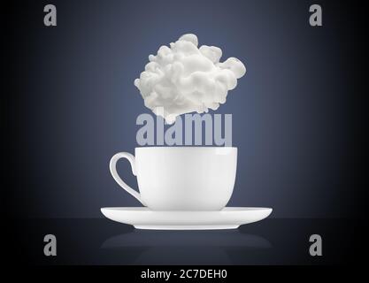 Weiße Wolke über einer Kaffeetasse auf blauem Hintergrund Stockfoto