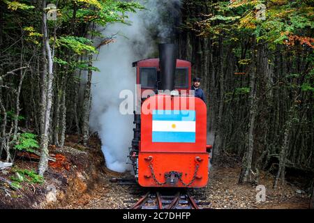 Ende der Welt Dampfzug FCAF Ferrocarril Austral Fueguino im Nationalpark Tierra del Fuego, Ushuaia, Argentinien. Dies ist die südlichste Eisenbahn in der Stockfoto