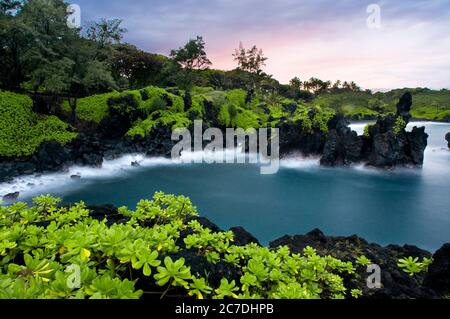 Wai'anapanapa State Park. Eine grüne Lage mit Meereshöhlen und vulkanischen Klippen. Hana Highway. Maui. Hawaii. Dies ist ein toller Zwischenstopp auf der Straße nach Hana. B Stockfoto