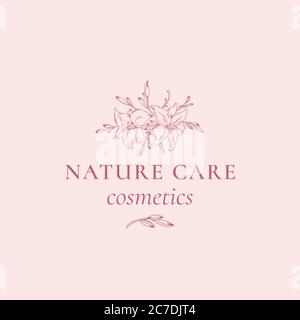 Naturpflege Kosmetik abstrakte Vektor-Zeichen, Symbol oder Logo-Vorlage. Handgezeichnete Retro Lilly Illustration mit klassischer Typografie. Premium-Qualität Stock Vektor