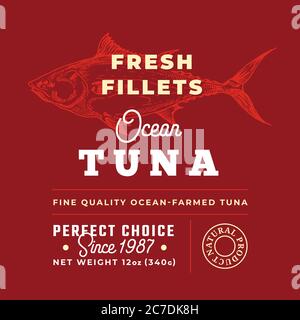 Frische Filets Premium Quality Label . Abstrakter Vektor Fisch Verpackung Design Layout. Retro Typografie mit Bordüren und handgezeichneter Tuna Silhouette Stock Vektor