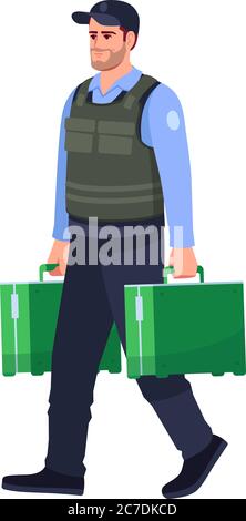 Schutz mit Aktentasche semi flach RGB-Farbe Vektor Illustration. Mann in Uniform. Männlicher Polizist mit kugelsicherer Weste Tasche für Bargeld. Polizist isolat Stock Vektor