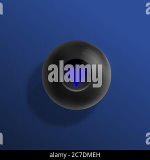 Billard Magic Eight Ball Realistische Vektor-Illustration. Blauer Hintergrund mit schwarzer Kugel und weichen Schatten. Abstrakte Glückssymbol-Karte Vorlage Stock Vektor