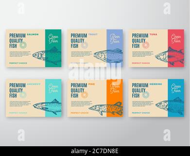 Premium Qualität Fisch Etiketten Set. Abstraktes Vektor-Verpackungsdesign oder Etikett. Moderne Typografie und handgezeichnete Fisch Silhouetten Hintergrund Layouts mit Stock Vektor