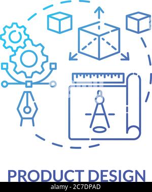 Produktdesign blaues Gradientenkonzept Symbol. Warenmodellierung. Moderne Technologieimplementierung. Produktmanagement Idee dünne Linie Illustration. Vec Stock Vektor