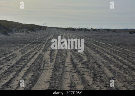 Spuren von Autoreifen am Sandstrand am Meer. Sommer. Stockfoto