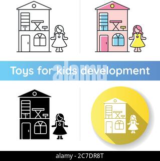 Dollhouse-Symbol. Miniatur Spielhaus mit Puppe. Spiele spielen. Princess Haus, Ferienhaus für Vorschulkinder. Kindheit. Lineare Schwarz- und RGB-Farben Stock Vektor