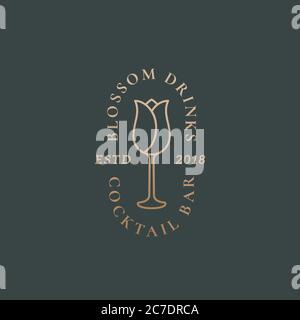 Blossom Drinks Cocktail Bar Abstraktes Vektor-Zeichen, Symbol oder Logo-Vorlage. Blume Incorporated in the Wine Glass Illustration mit klassischer Typografie Stock Vektor