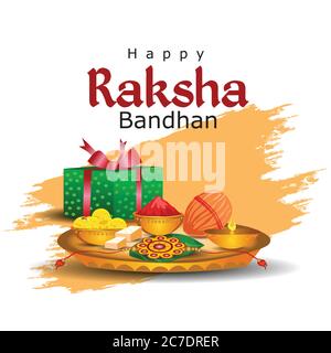 Happy Raksha Bandhan Feier Konzept. Schön dekoriert Thali, Teller mit Rakhi, Sweet und irdenen Lampe. vektor-Illustration Stock Vektor