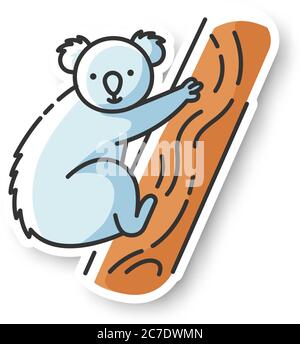 Koala-Patch. Niedliche Pflanzenfresser Tier, australischen einheimischen Fauna, exotische Tierwelt RGB Farbe bedruckbaren Aufkleber. Liebenswert Koala Bär sitzt auf Eukalyptus tr Stock Vektor