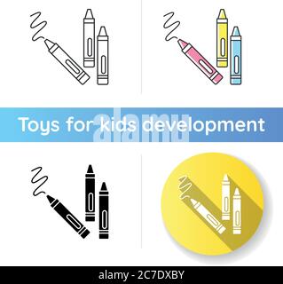 Buntstifte-Symbol. Wachsstifte zum Zeichnen. Kinder Kreativität und Feinmotorik Entwicklung Spielzeug. Farberkennung. Lineares Schwarz und RGB-Farbformat Stock Vektor