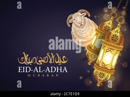 Eid al Adha islamisches Design, traditionelle Laterne und arabische Kalligraphie, Vorlage schwarzen Hintergrund mit Schafen. Grußkarte Vektor-Illustration Stock Vektor