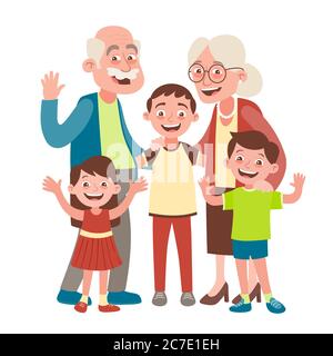 Großeltern, Enkel und zwei Enkel Porträt. Happy Großeltern Tag Konzept. Vektor-Illustration im Cartoon-Stil, isoliert auf weißem Hintergrund Stock Vektor
