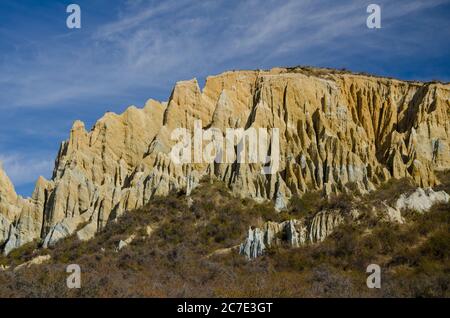 Nahansicht von Omarama Clay Cliffs, Canterbury, Südinsel, Neuseeland Stockfoto