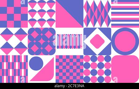 Geometrische minimalistische Fliesenmuster, Set von rosa und lila Quadrate und Kreise auf weißem Hintergrund - Tapete Design Illustration. Stockfoto