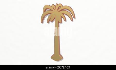 PALME aus der Perspektive der Wand. Eine dicke Skulptur aus metallischen Materialien von 3D-Rendering. Hintergrund und Illustration Stockfoto