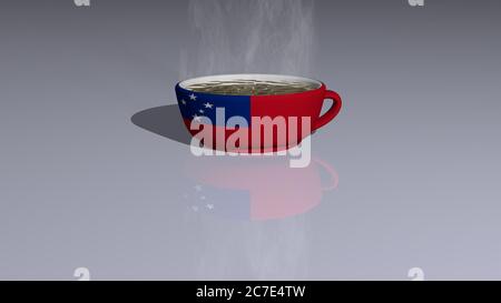 samoa auf einer Tasse heißen Kaffee in einer 3D-Illustration mit realistischer Perspektive und Schatten auf dem Boden gespiegelt platziert Stockfoto