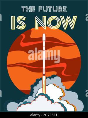 Rakete, Raumschiff Vektor Raketenstart. Vektor-Poster Raumschiff. Rot orange Mars Flamme Wolken Dampf Raum Poster Stock Vektor