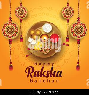 Happy Raksha Bandhan mit stilvollen Vektor-Illustration in einem kreativen Hintergrund. Indisches religiöses Festival. Farbenfrohes Rakhi-Design. Stock Vektor